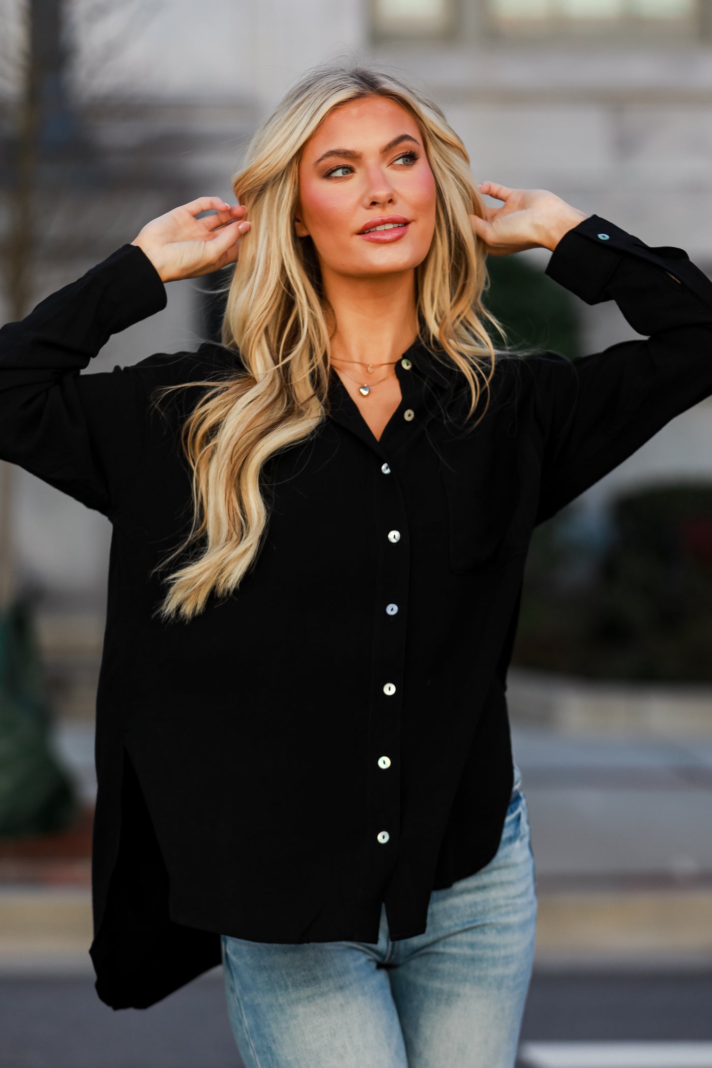 basic black Linen Button-Up Blouse