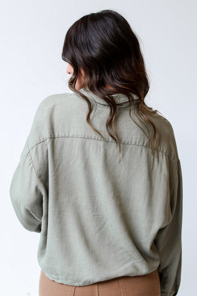 olive Linen Button-Up Blouse back view