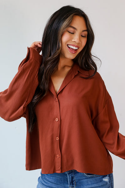 rust Cropped Button-Up Blouse front view