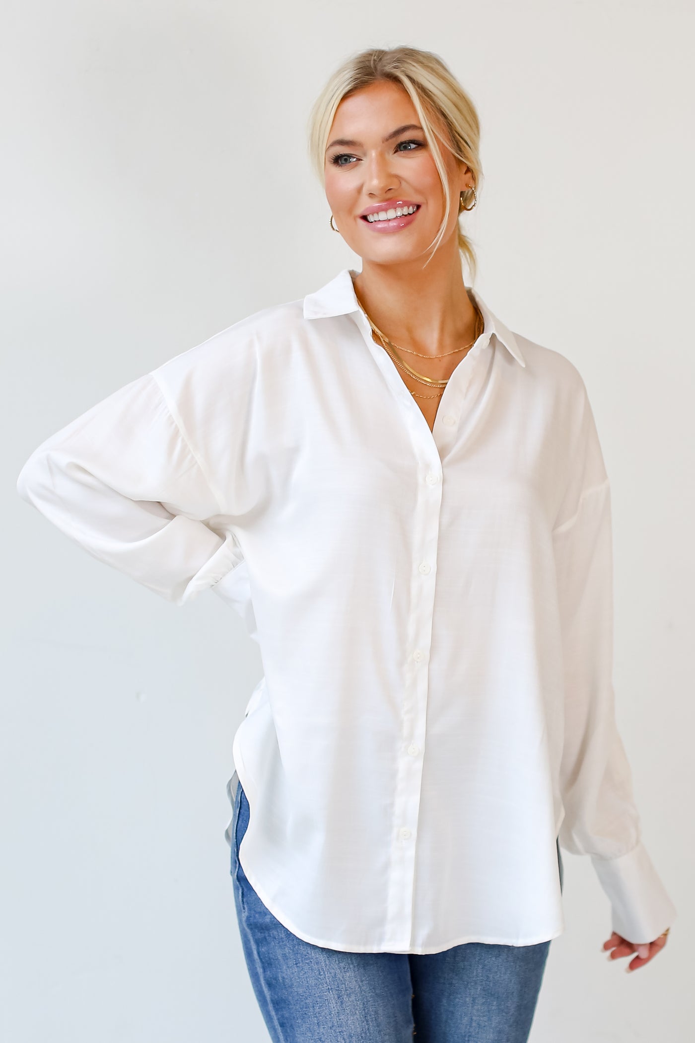 white Satin Button-Up Blouse front view