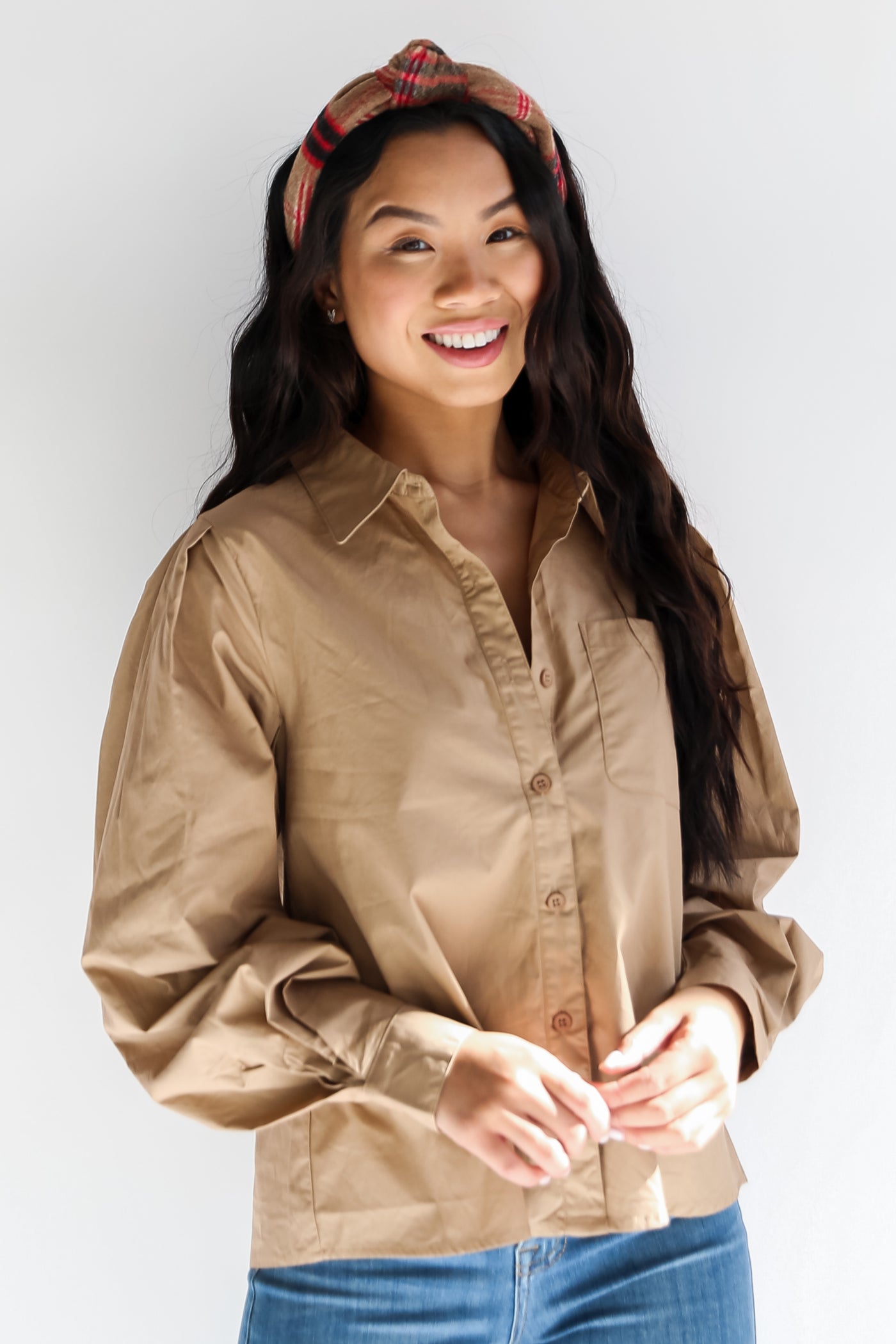 taupe Button-Up Blouse front view