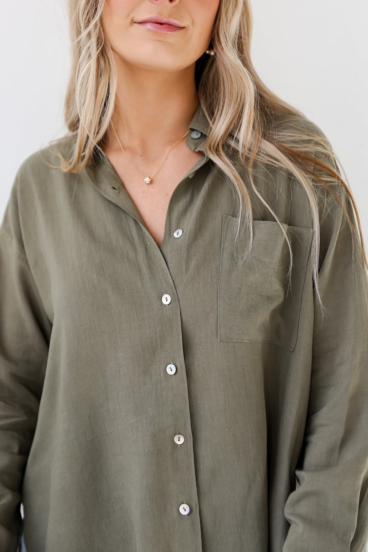 olive Linen Button-Up Blouse close up