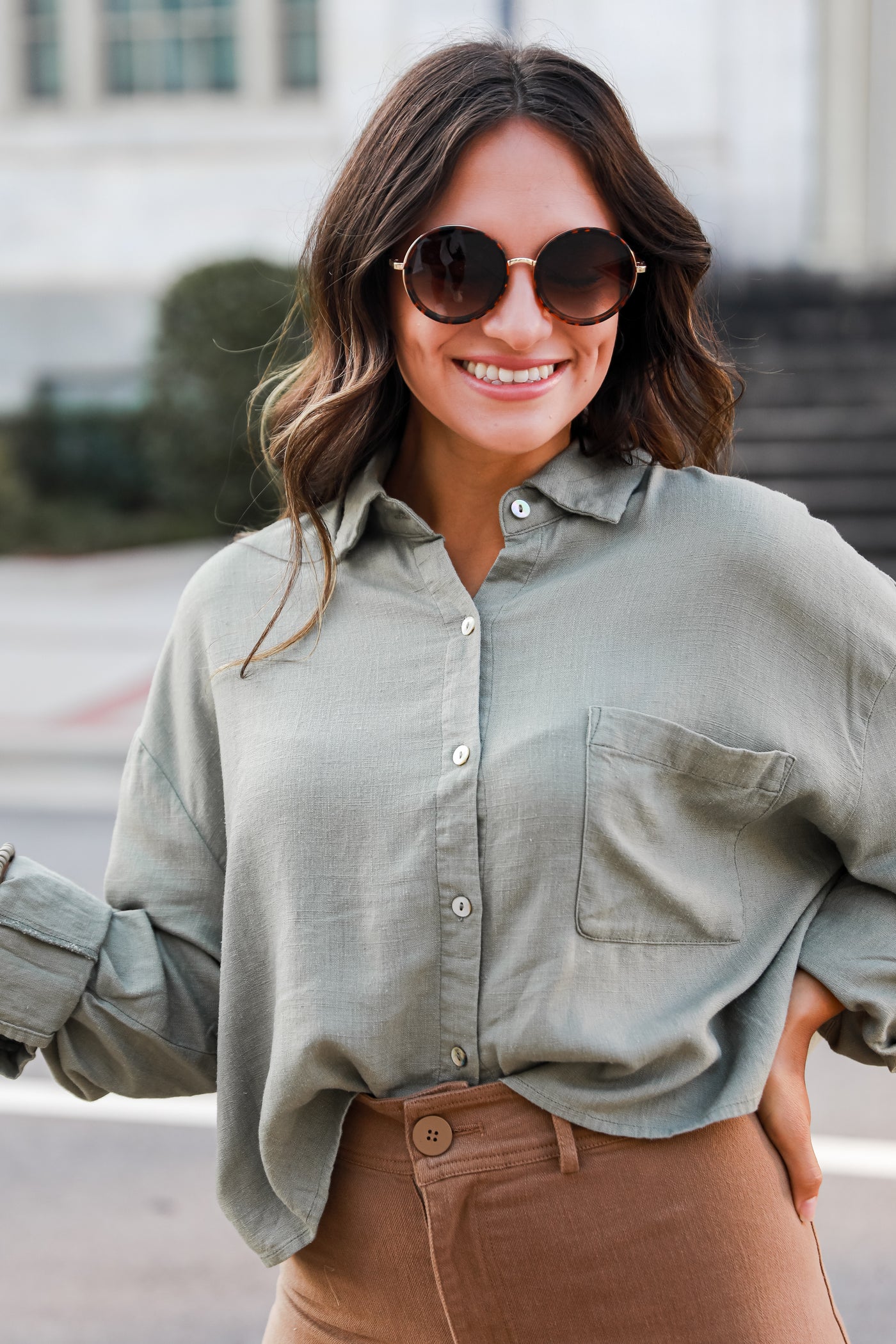 olive Linen Button-Up Blouse on model
