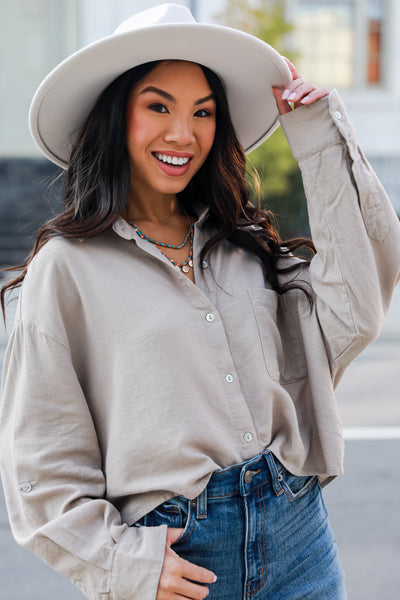 taupe Linen Button-Up Blouse