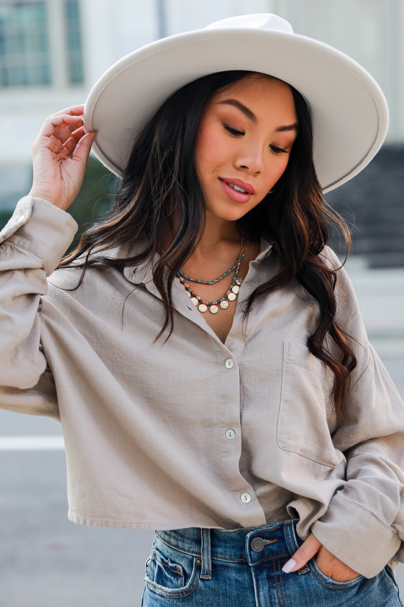 taupe Linen Button-Up Blouse on model