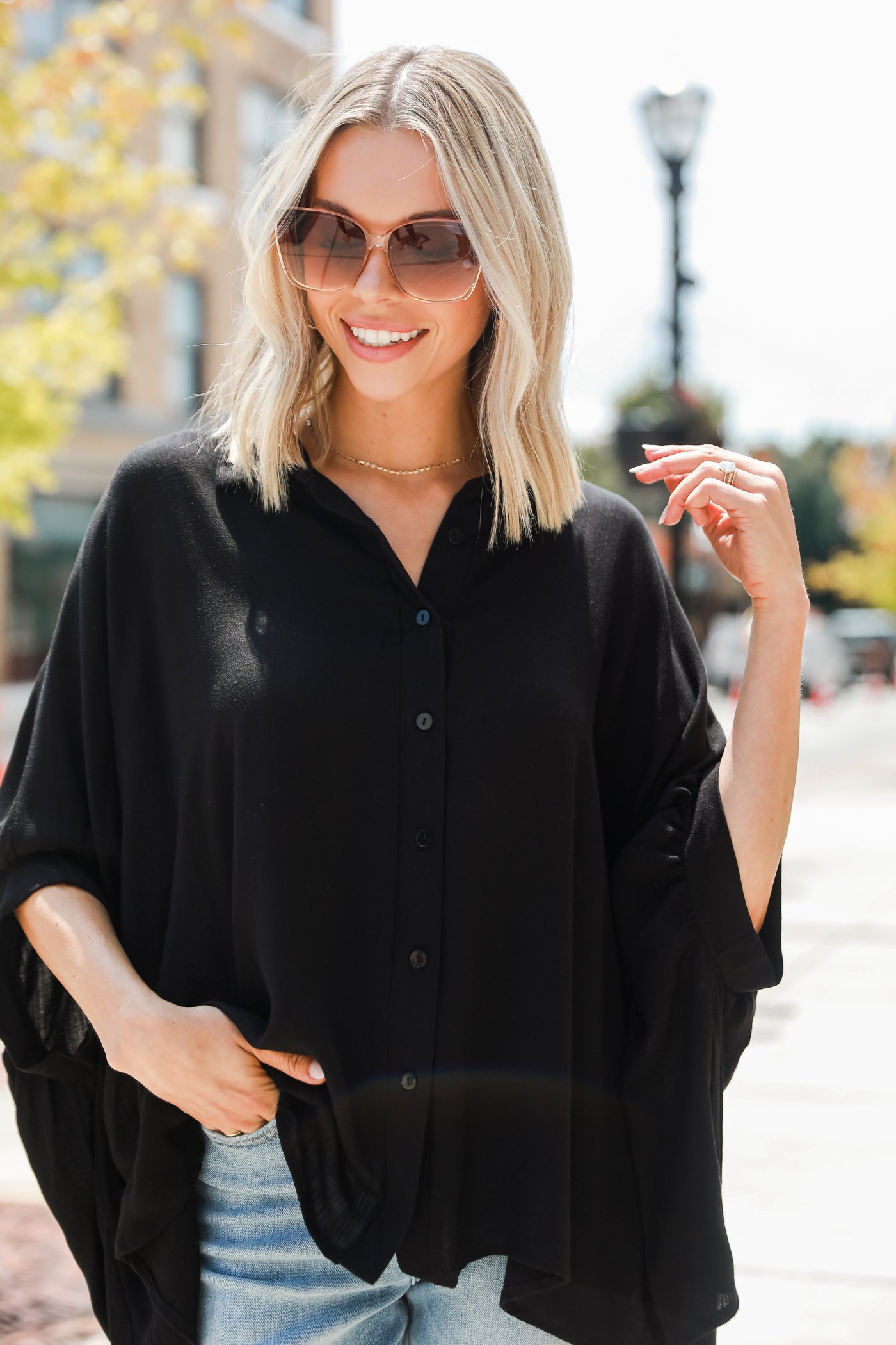 black Oversized Button-Up Blouse