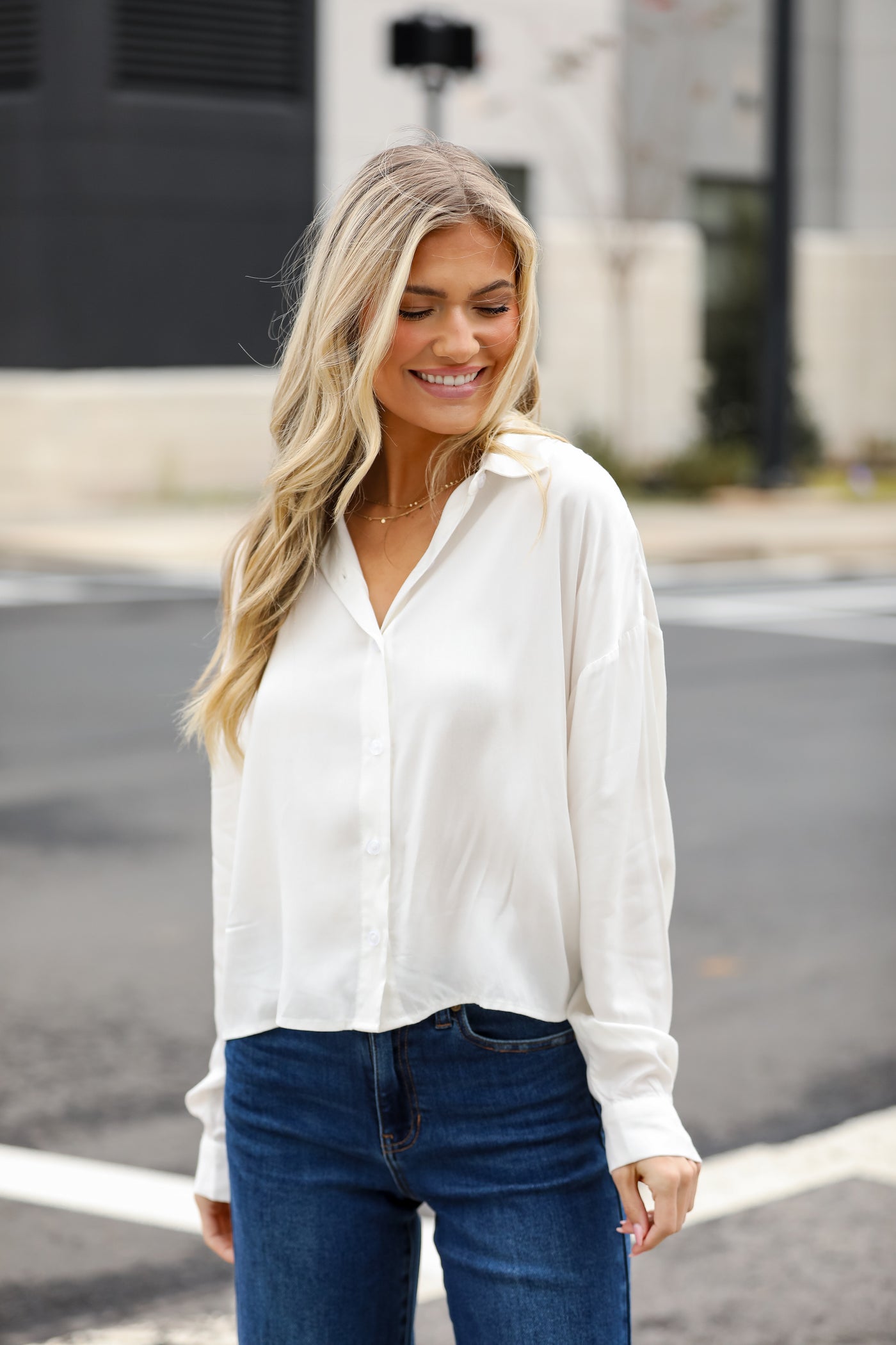 basic white Cropped Button-Up Blouse