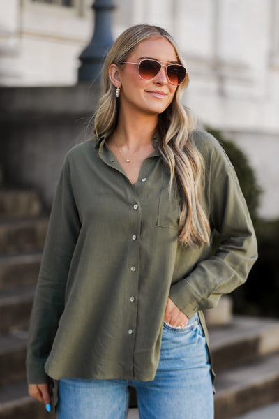 olive Linen Button-Up Blouse