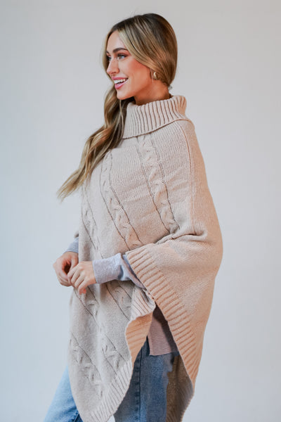 Beige Cable Knit Poncho side view