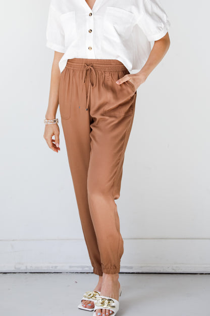 brown Joggers close up view