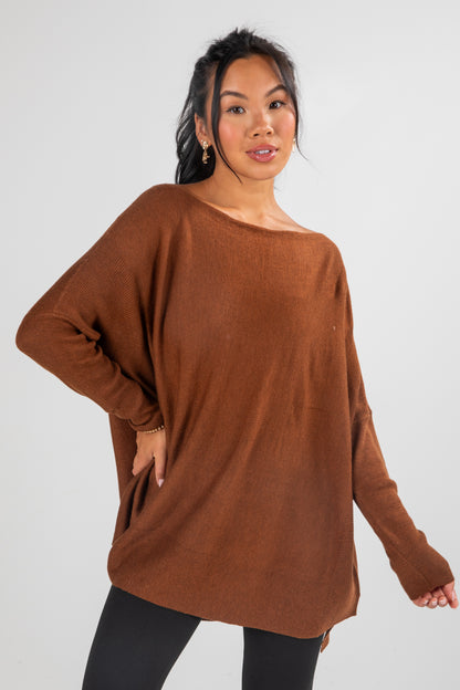Woman wearing a brown sweater against a white background