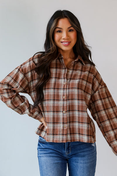 Brown Plaid Flannel on model