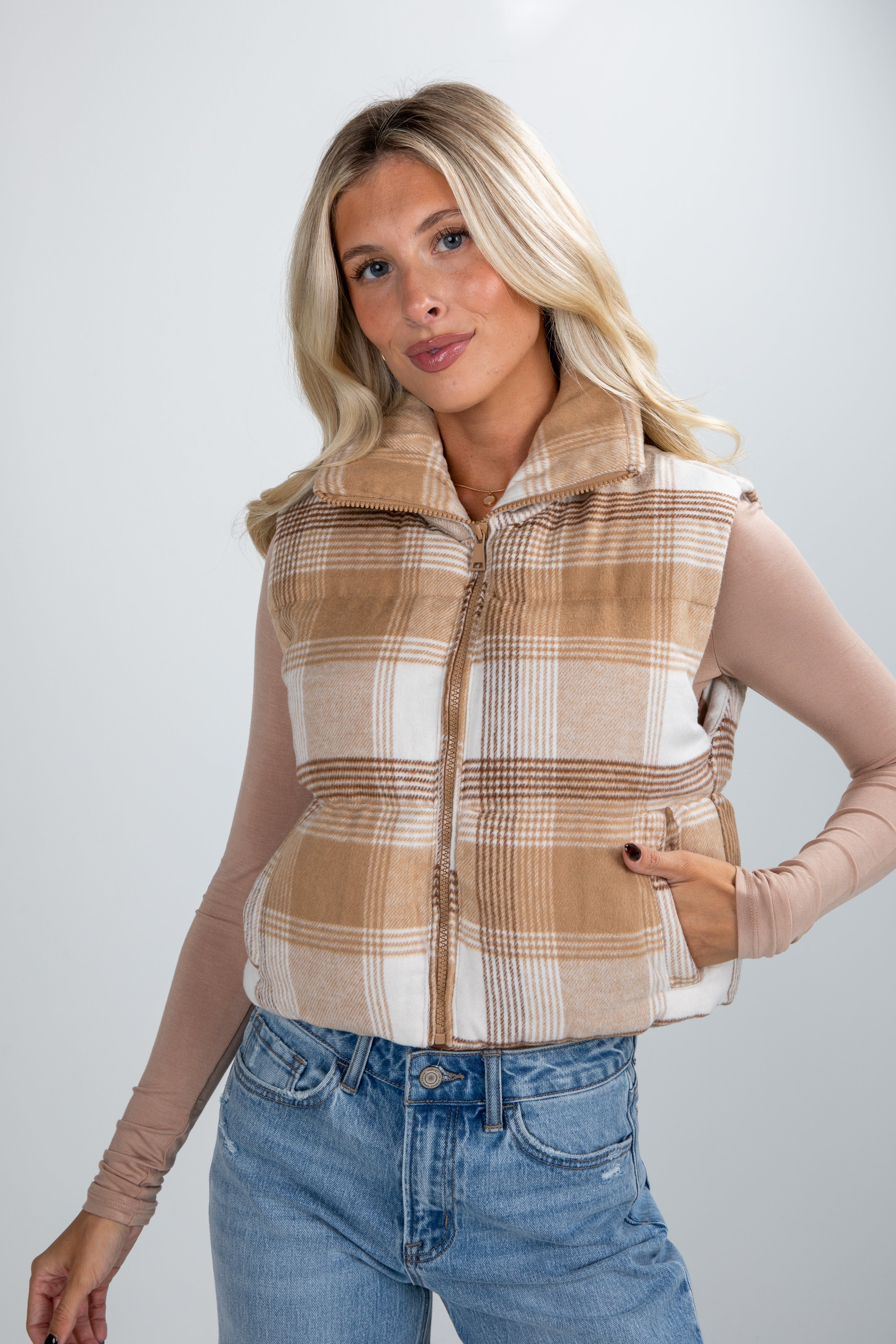 plaid puffer vest