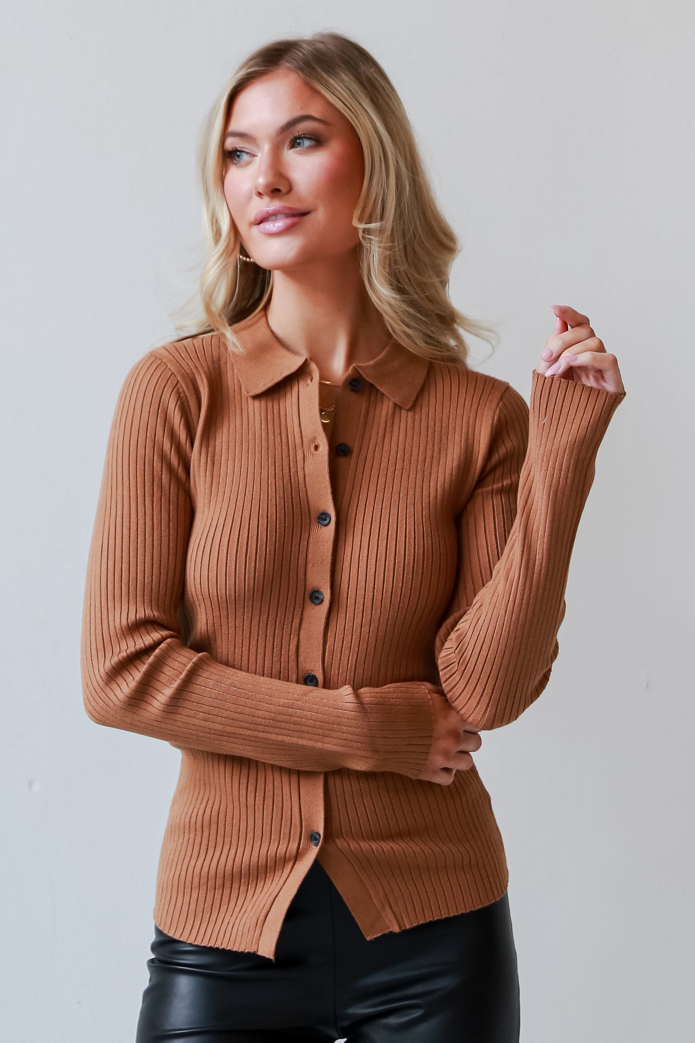 trendy Camel Ribbed Knit Button-Up Top