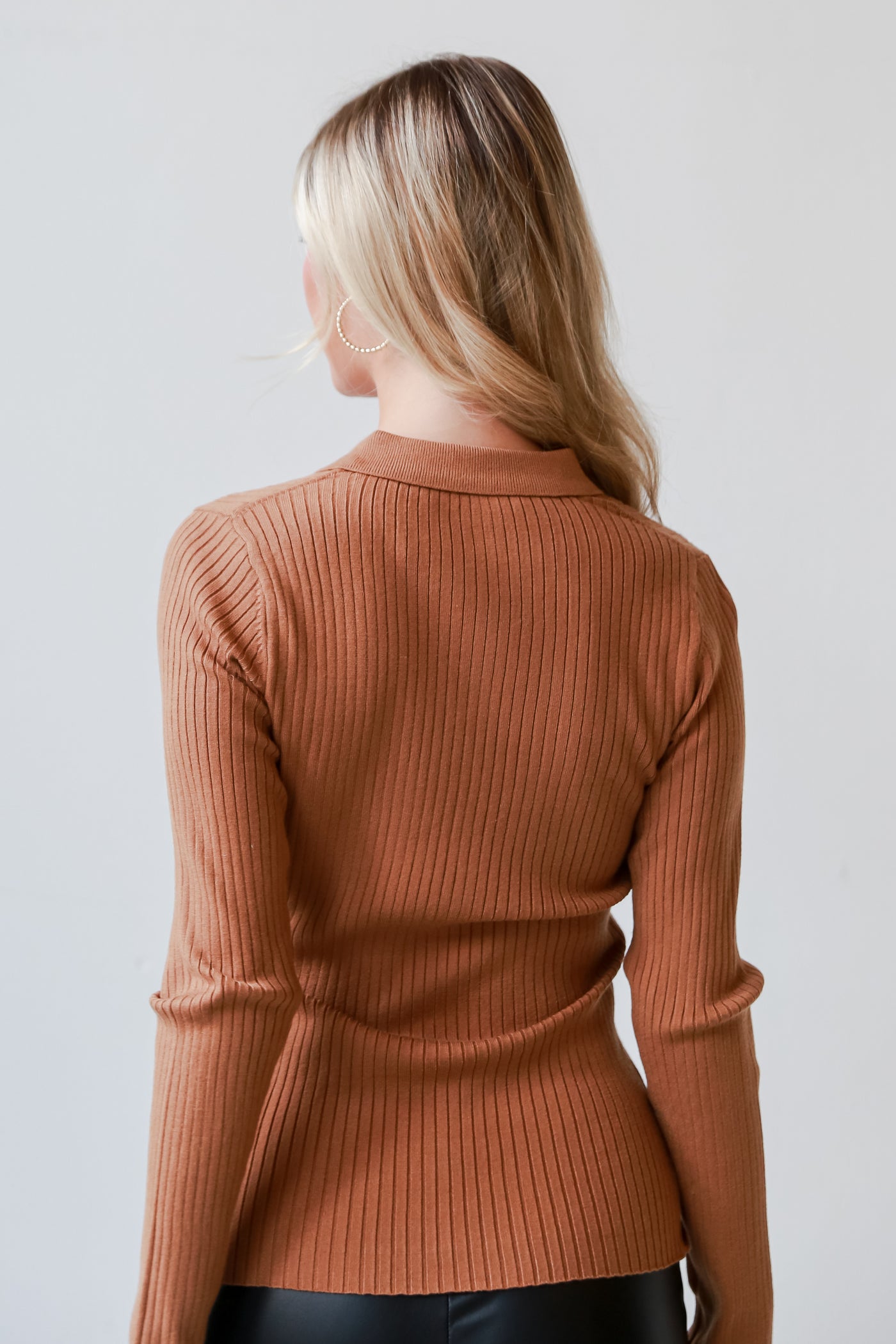 Camel Ribbed Knit Button-Up Top back view