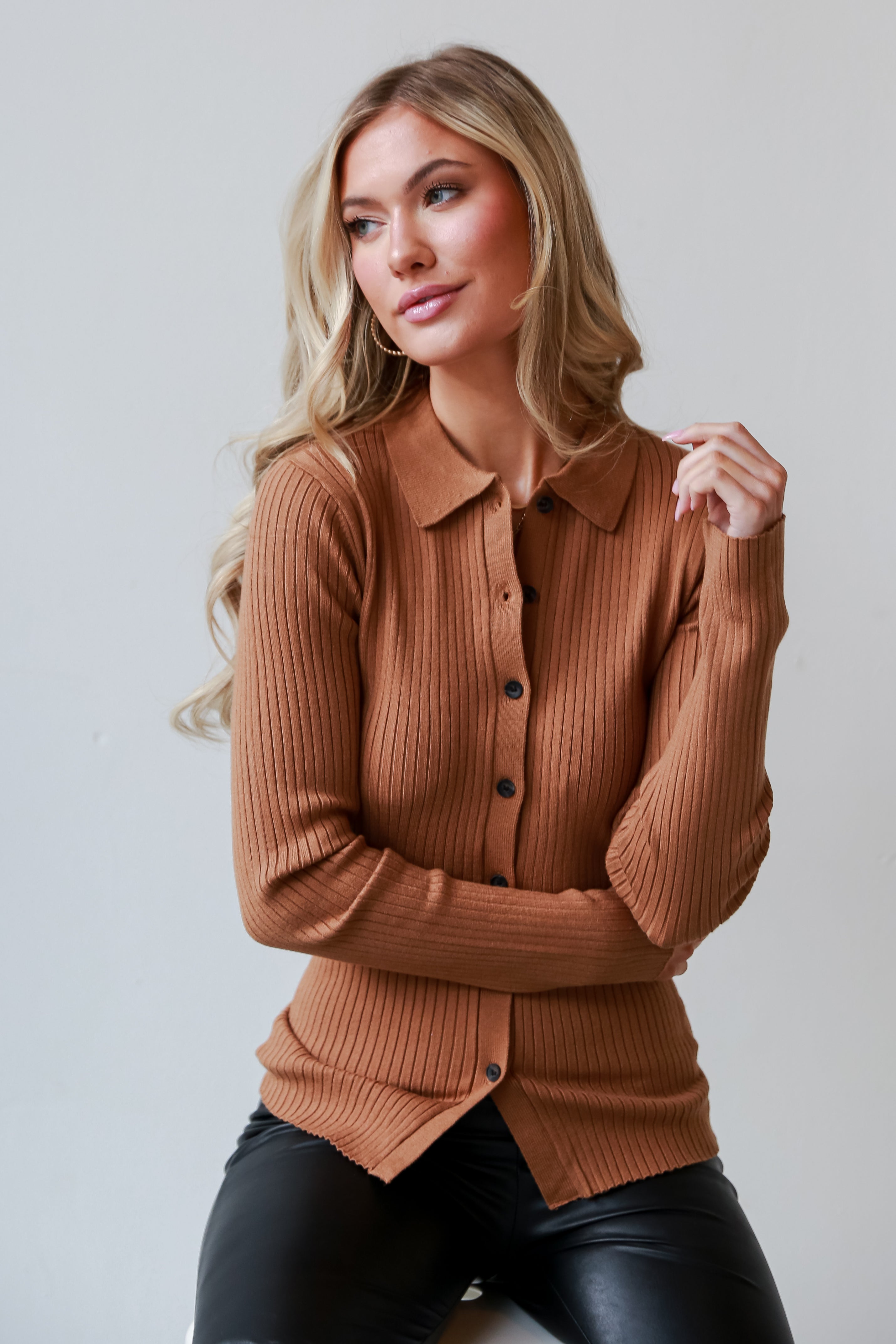 Camel Ribbed Knit Button-Up Top front view