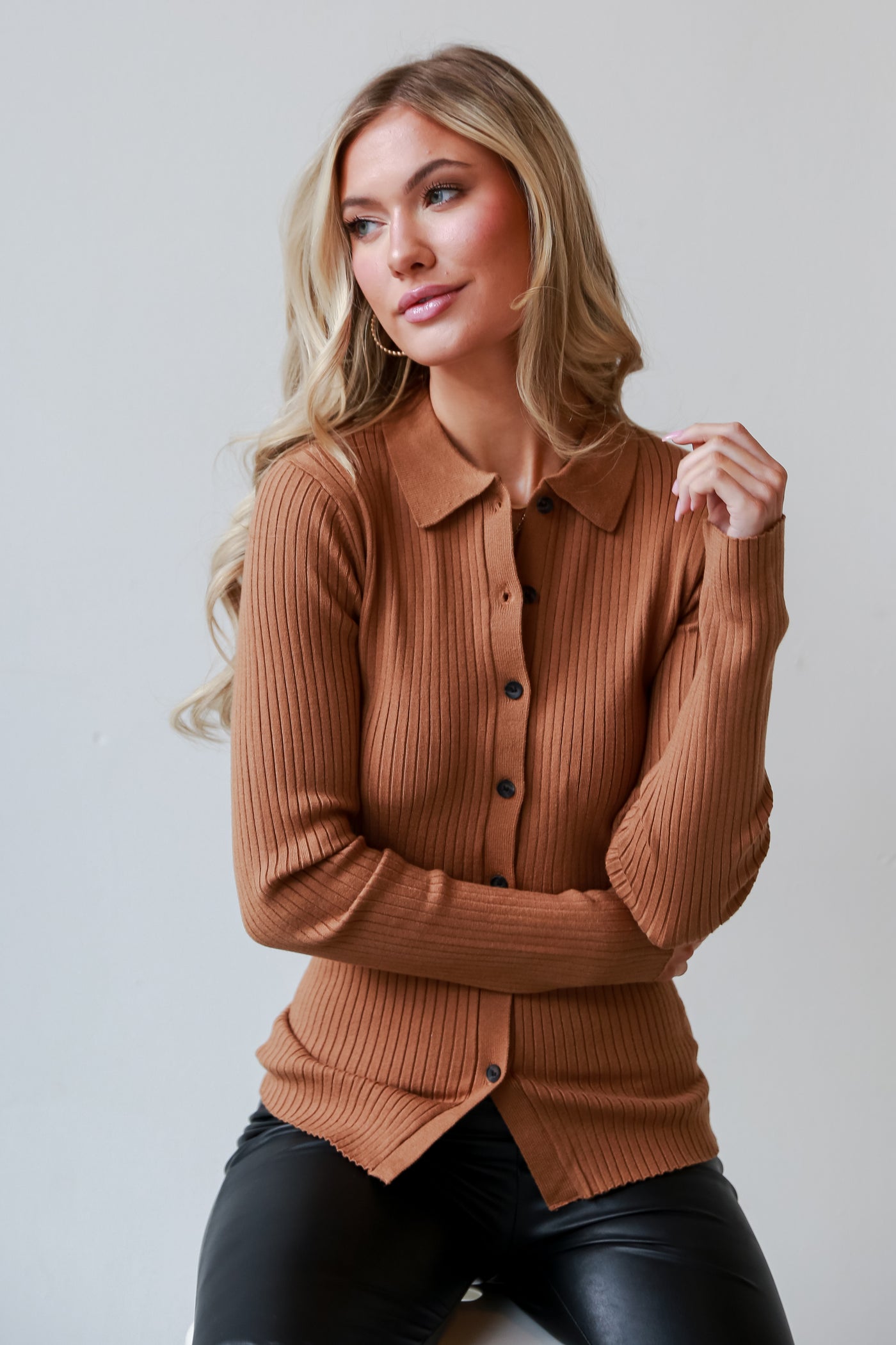 Camel Ribbed Knit Button-Up Top front view