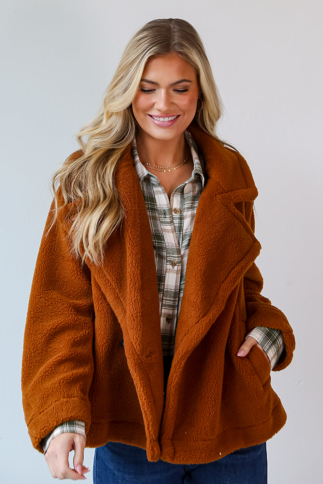 Camel Sherpa Jacket on model