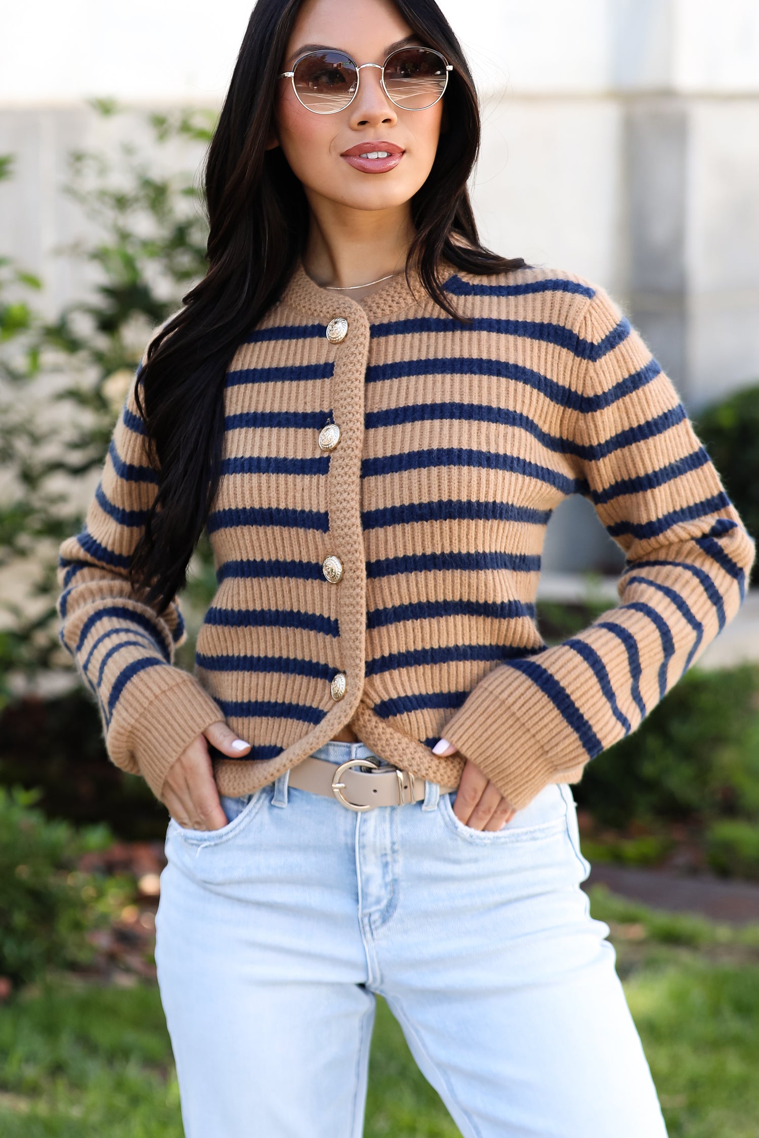 Chicest Option Camel Striped Sweater Cardigan