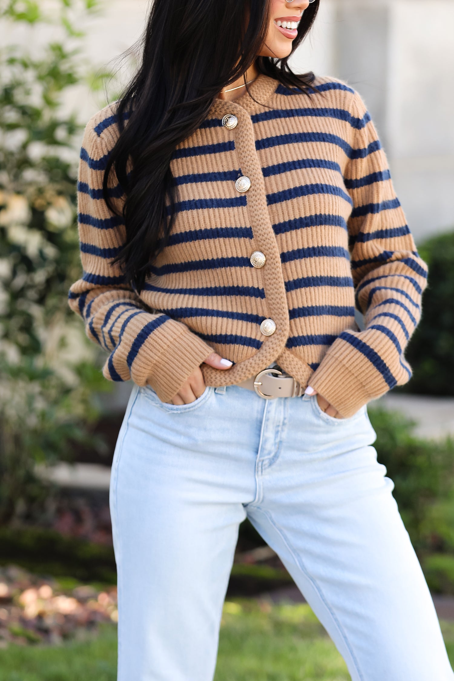 Chicest Option Camel Striped Sweater Cardigan