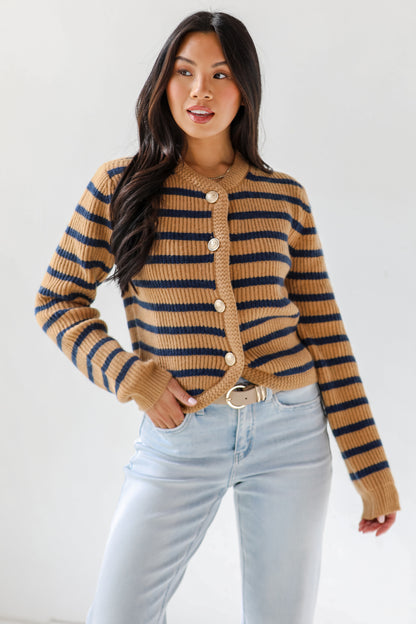 Chicest Option Camel Striped Sweater Cardigan