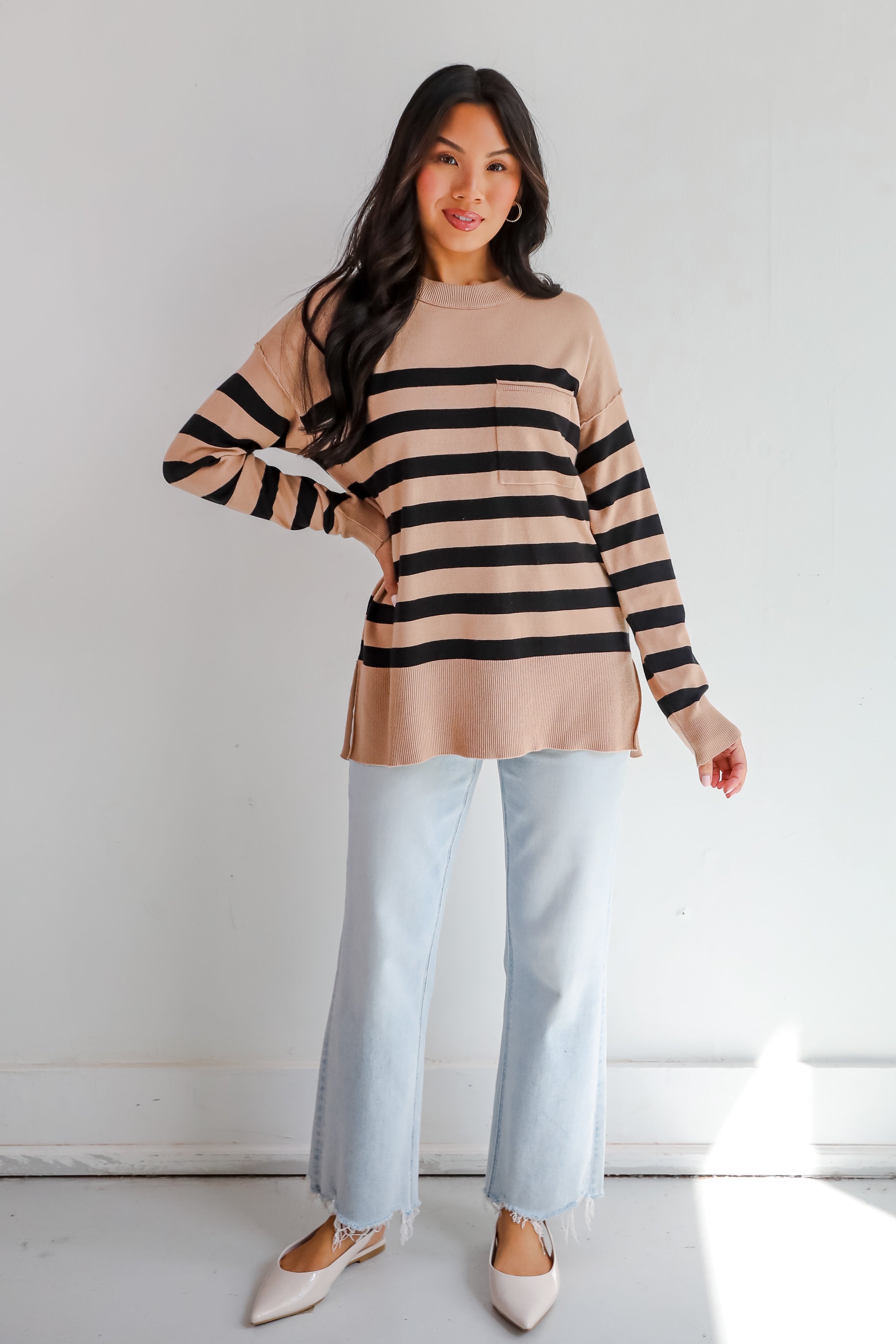 Cuddled Up Days Camel Striped Sweater