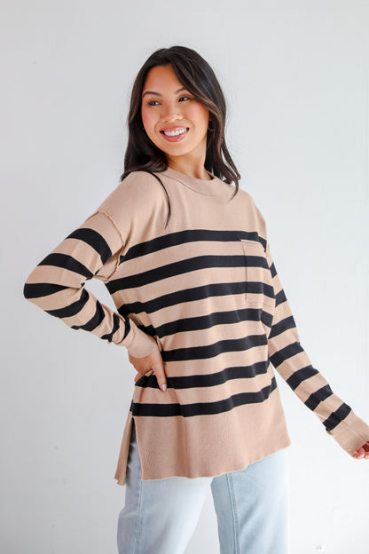 Cuddled Up Days Camel Striped Sweater