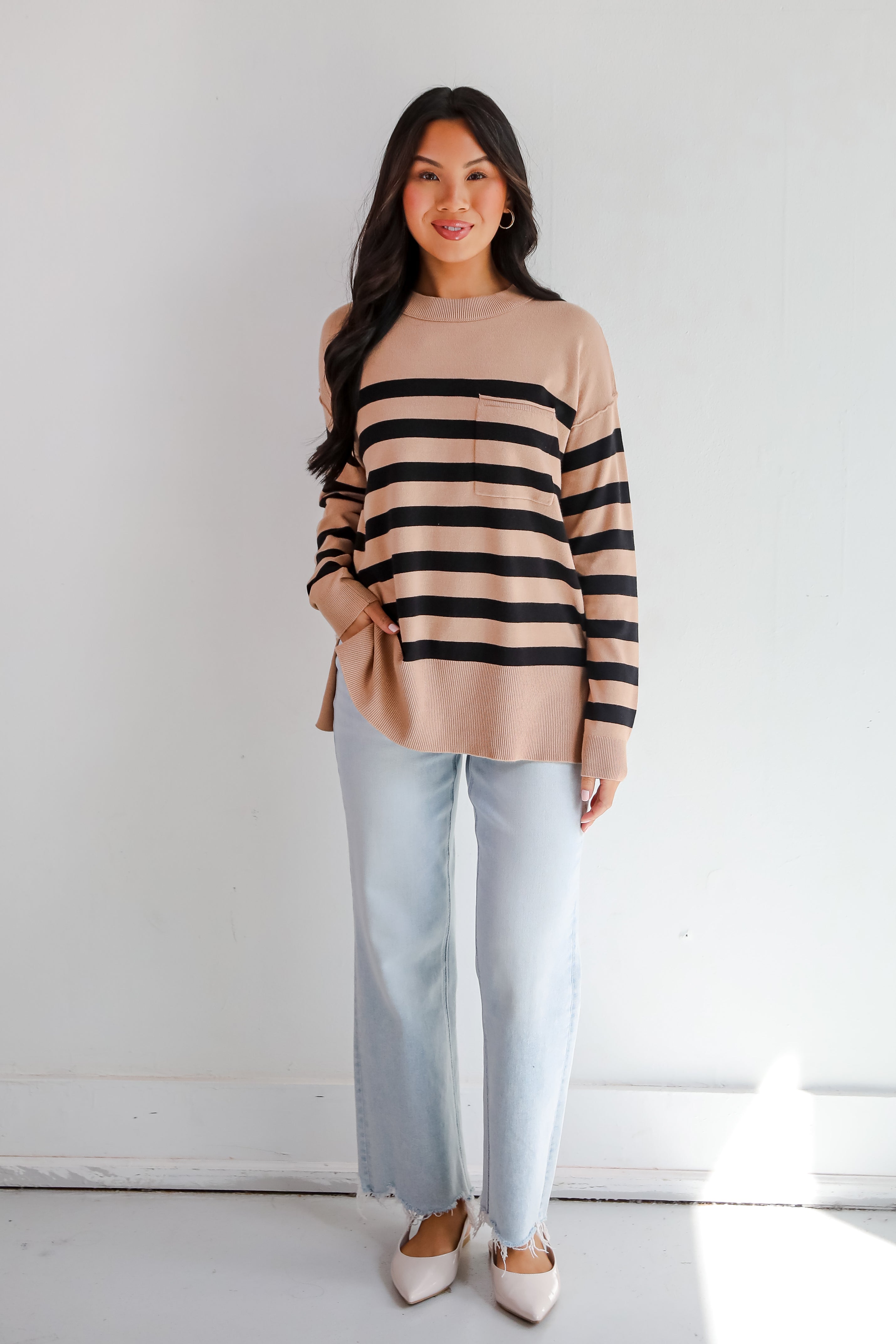 Cuddled Up Days Camel Striped Sweater