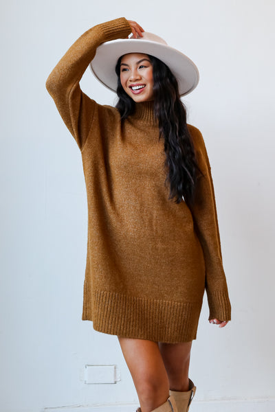 Camel Mini Sweater Dress front view