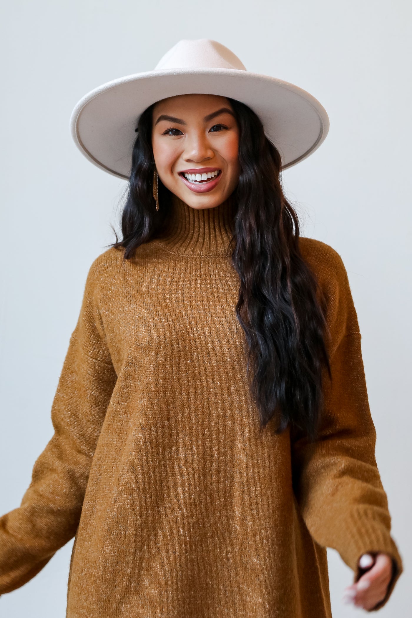 Camel Mini Sweater Dress close up