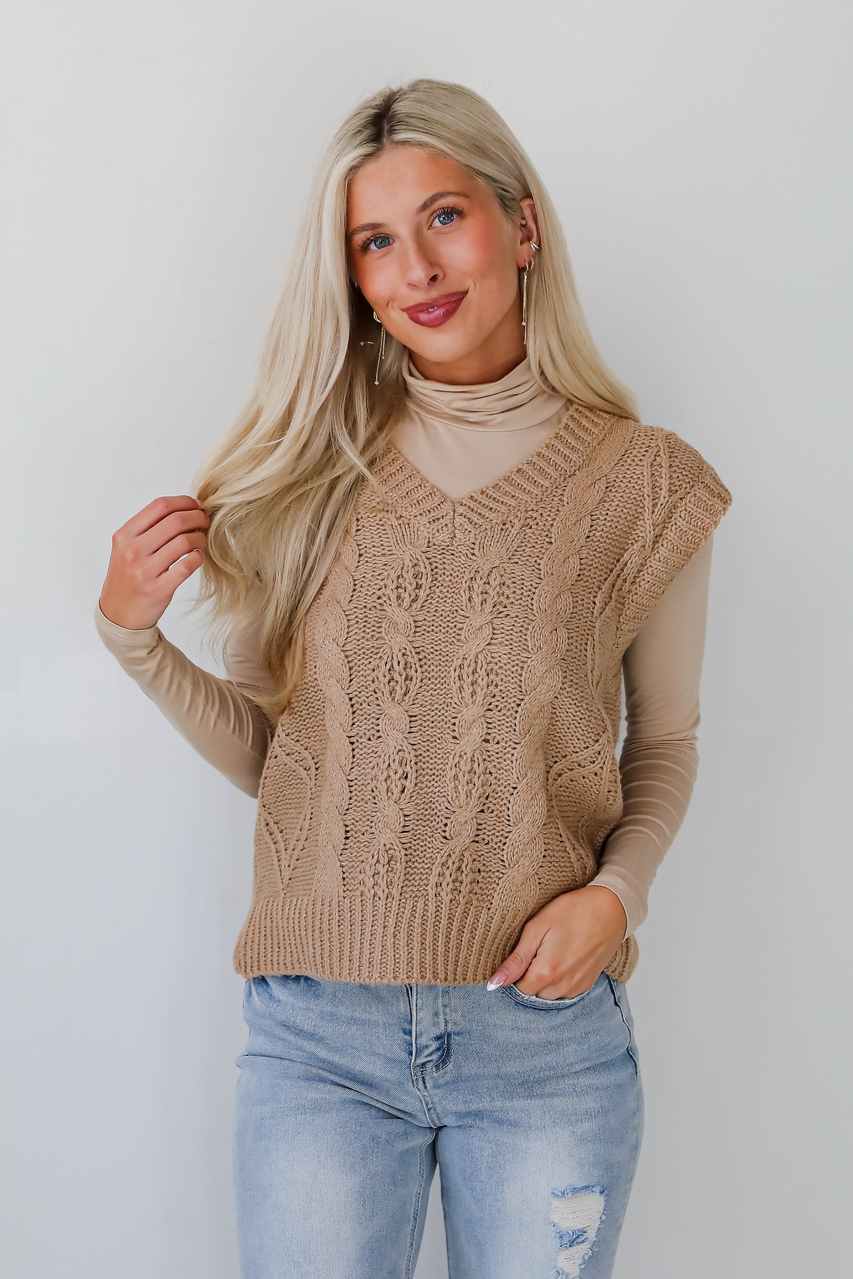 Sincerely Trendy Camel Cable Knit Sweater Vest