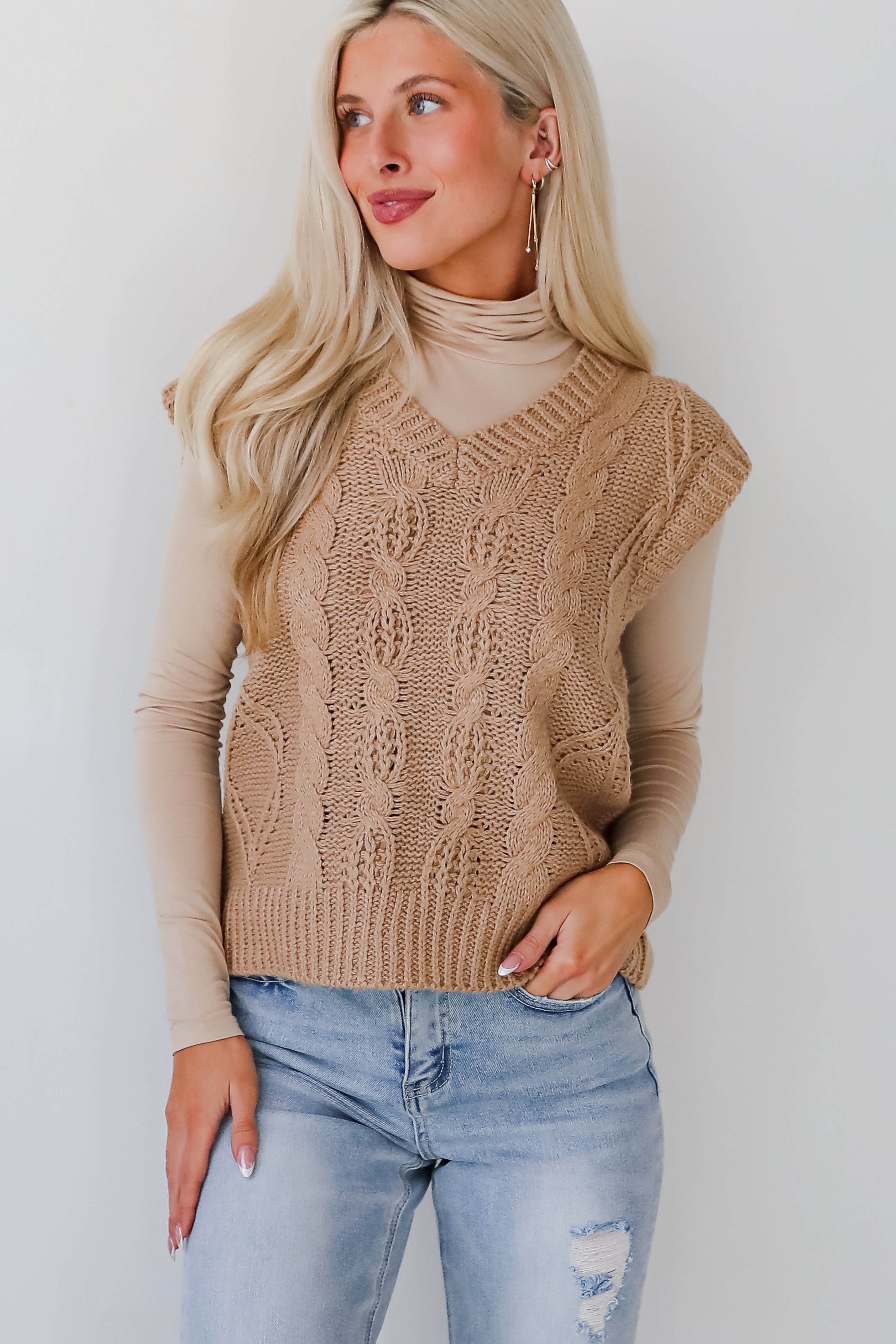 Sincerely Trendy Camel Cable Knit Sweater Vest