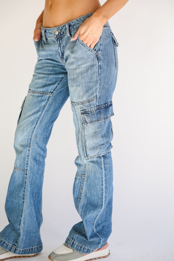 Medium Wash Cargo Flare Jeans side  view