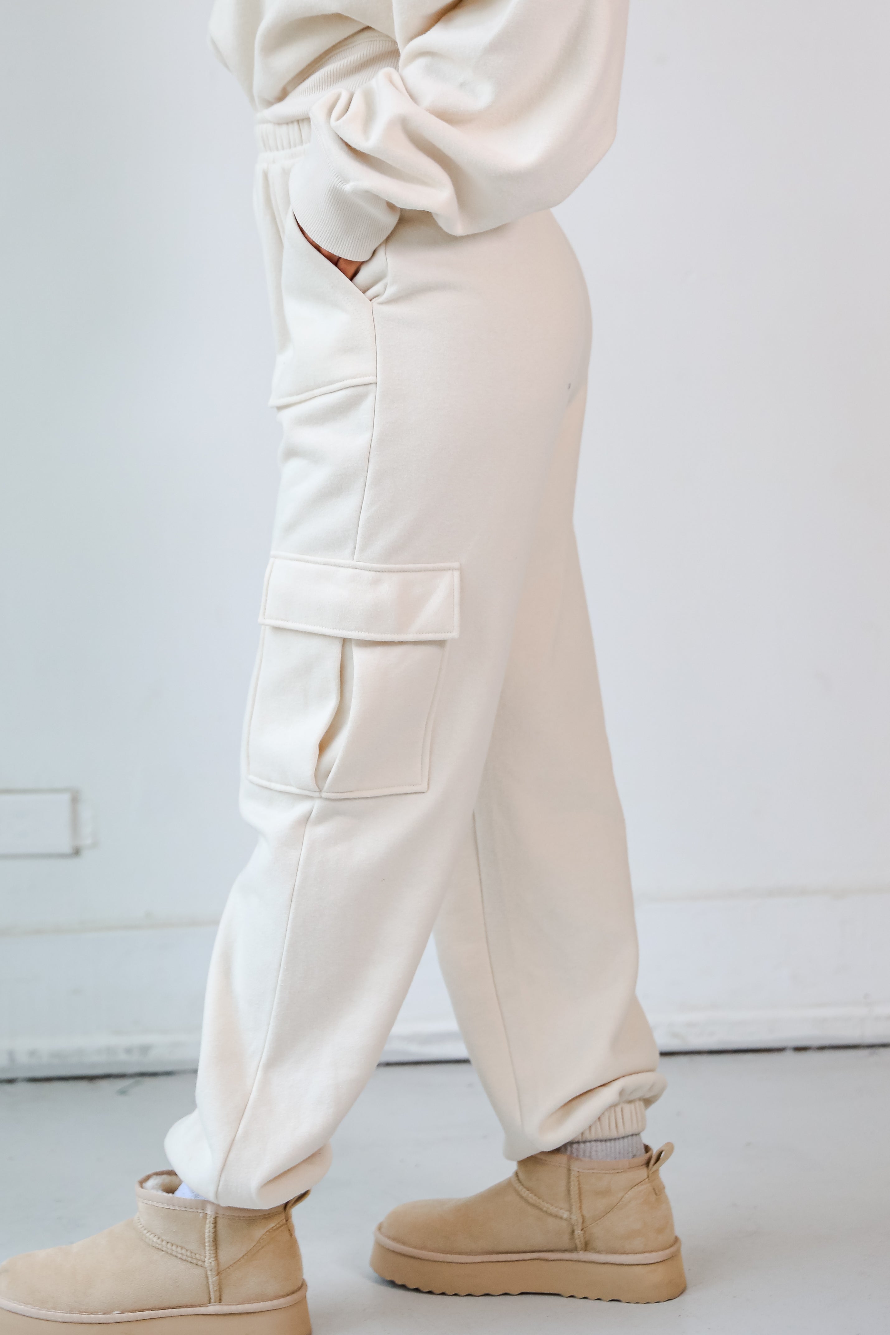 cream Fleece Cargo Jogger Sweatpants side view