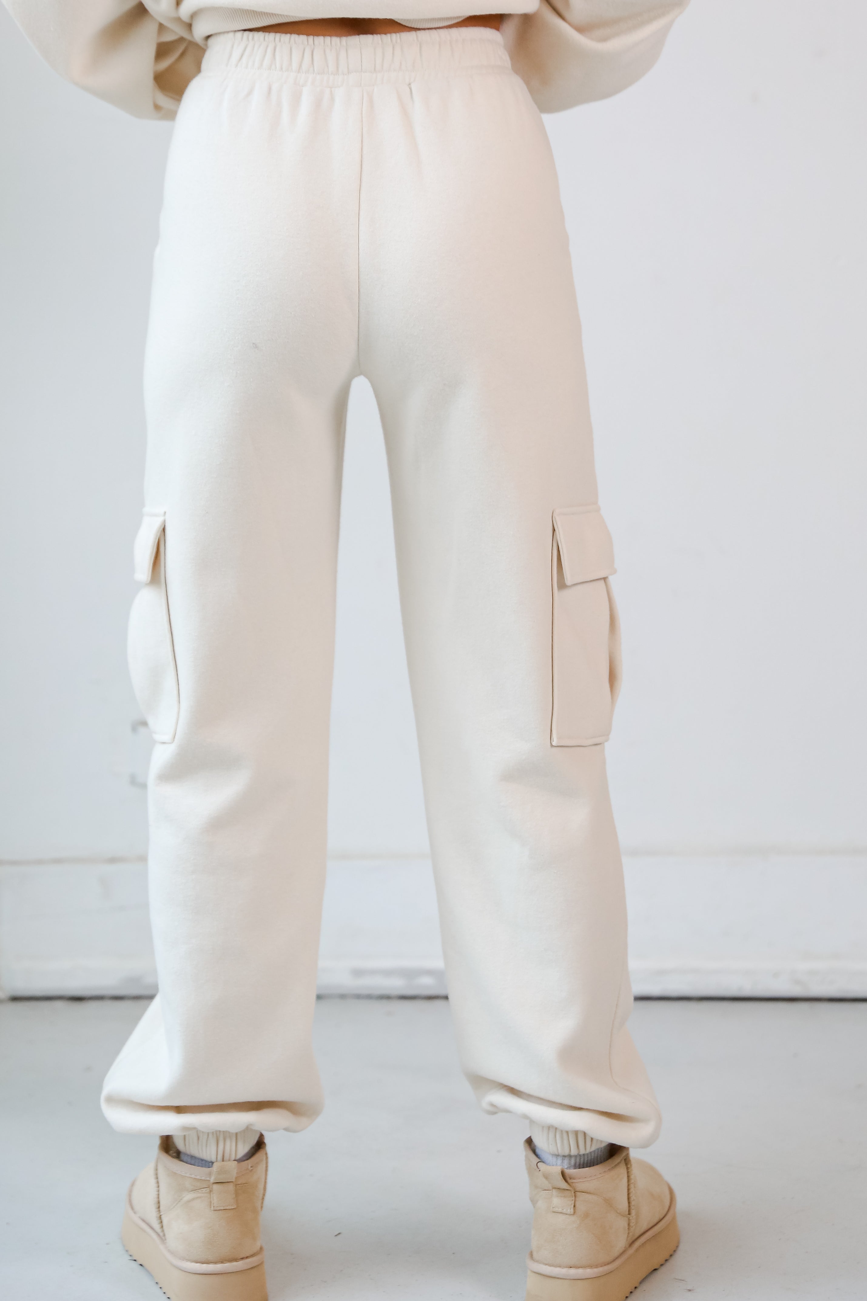 cream Fleece Cargo Jogger Sweatpants back view