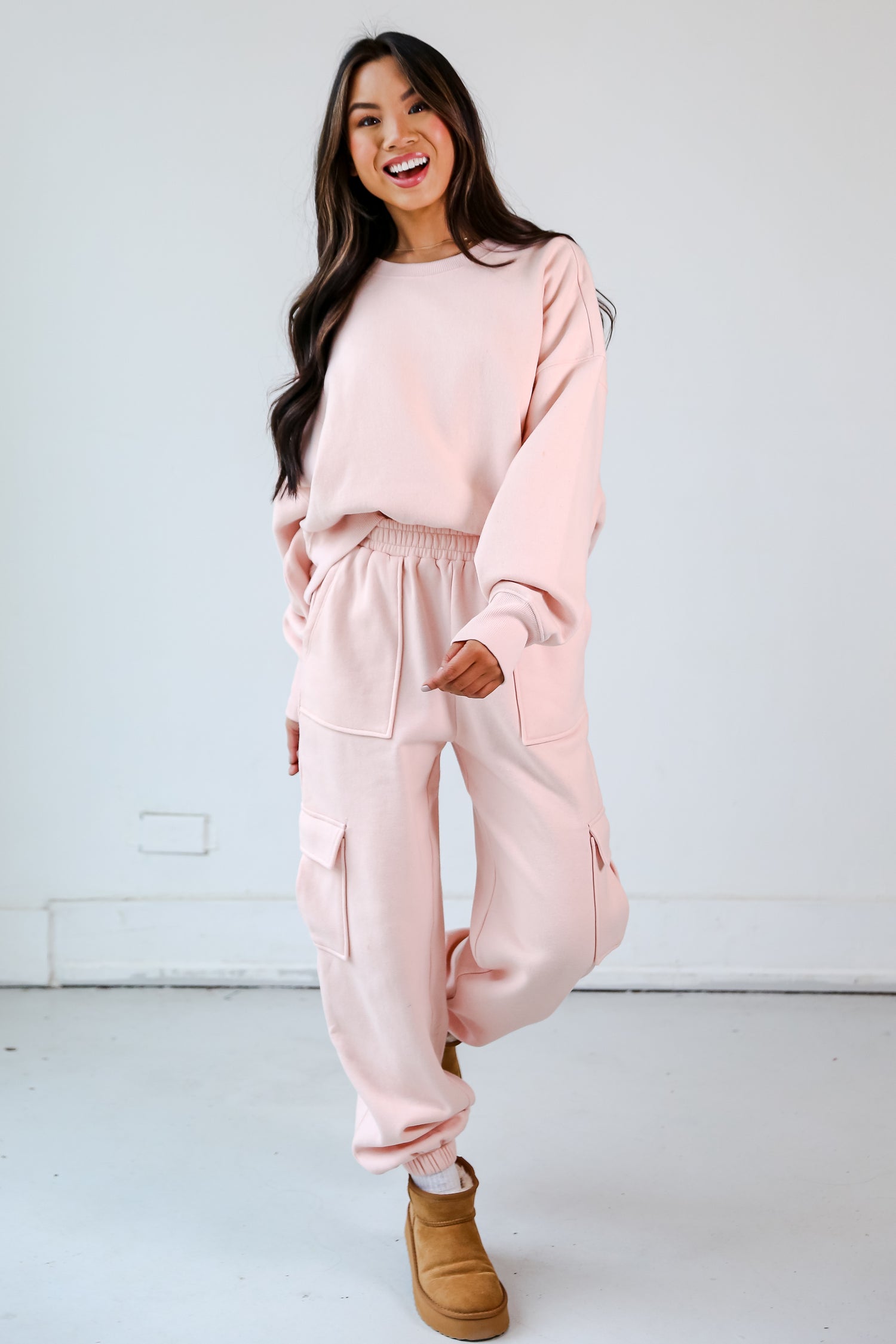 pink Fleece Cargo Jogger Sweatpants on model