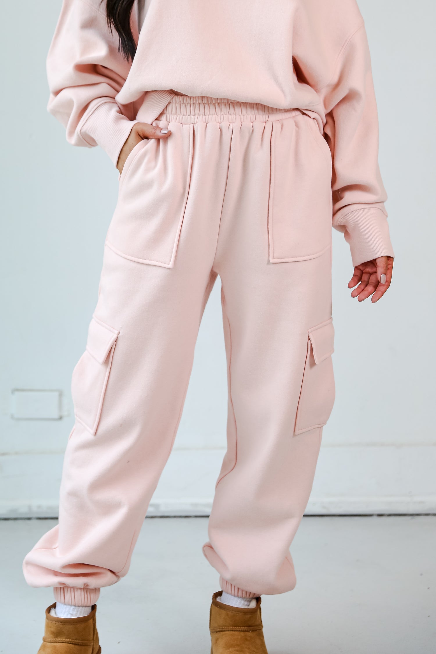 pink Fleece Cargo Jogger Sweatpants close up