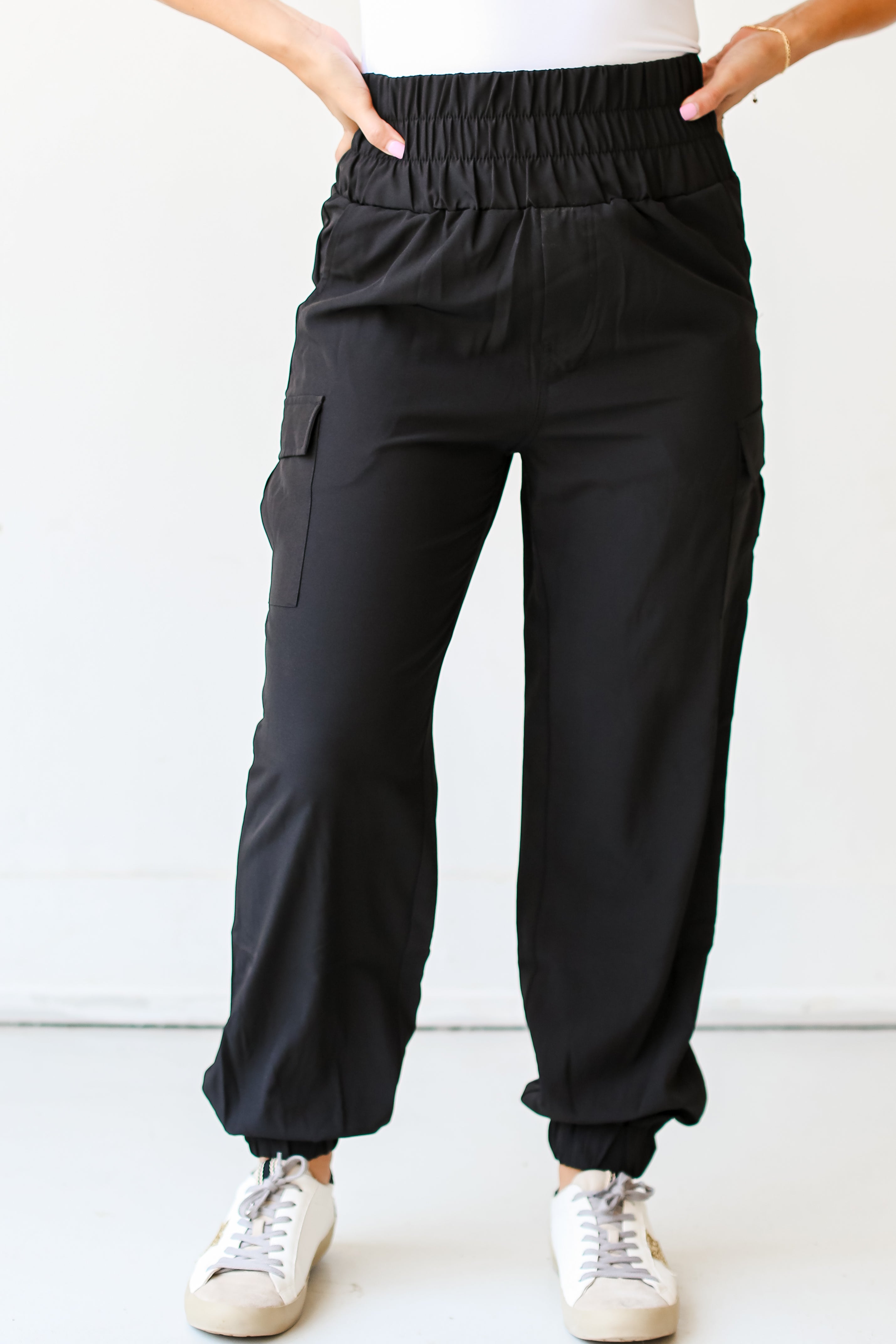 black Cargo Joggers close up