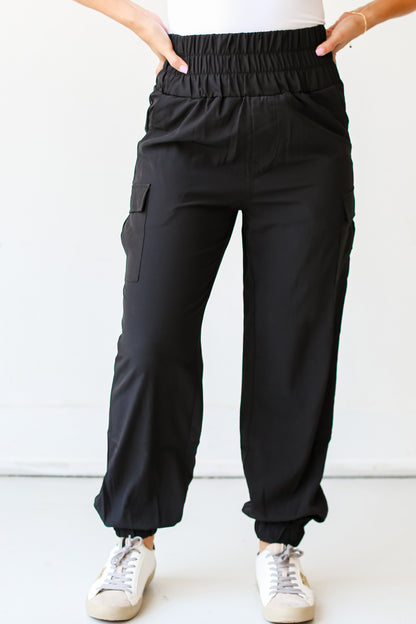 black Cargo Joggers close up