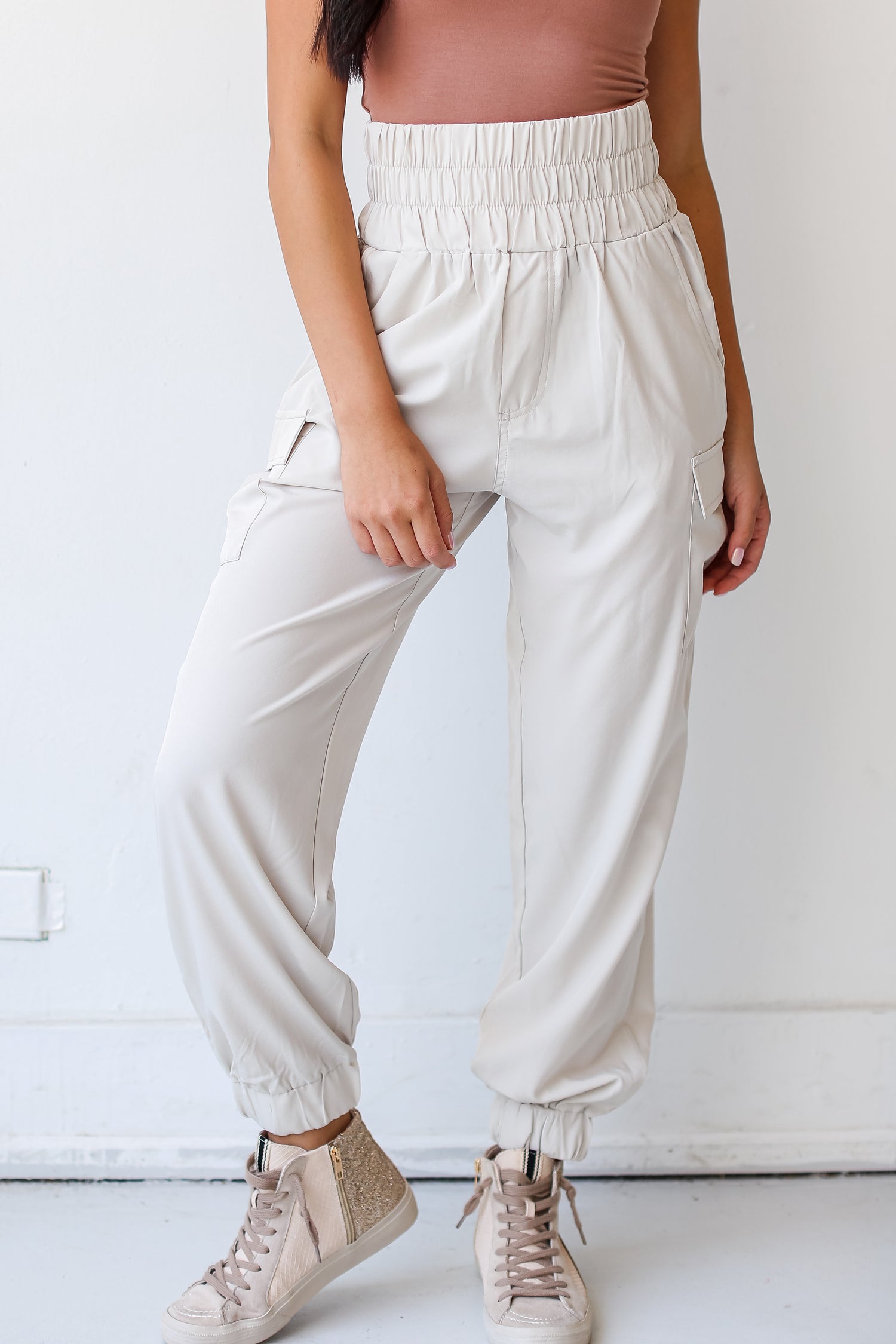 cream Cargo Joggers close up