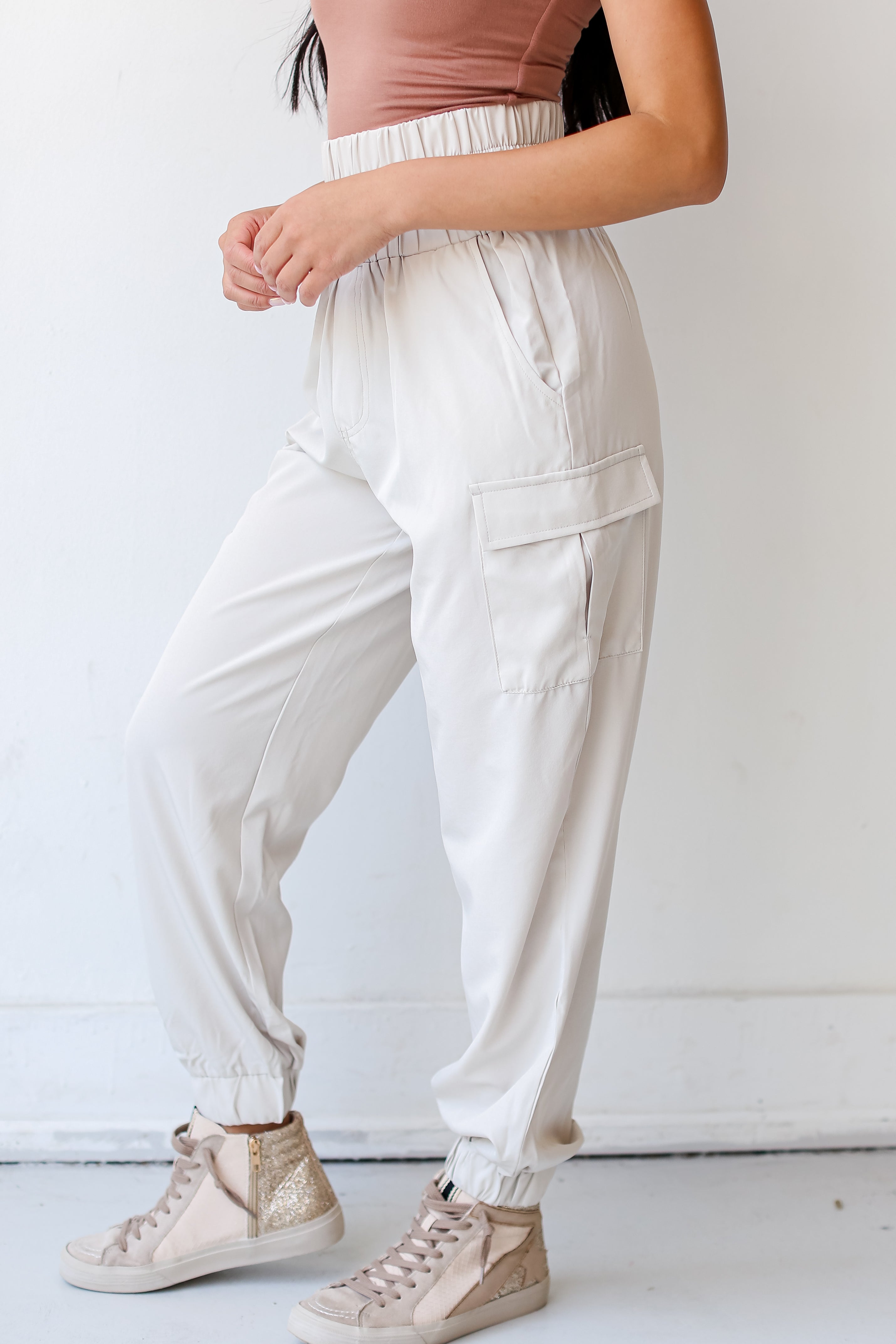 cream Cargo Joggers side view