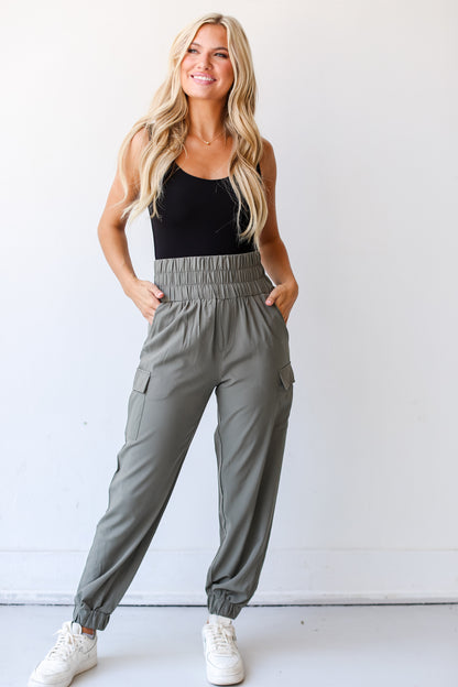 olive Cargo Joggers on model