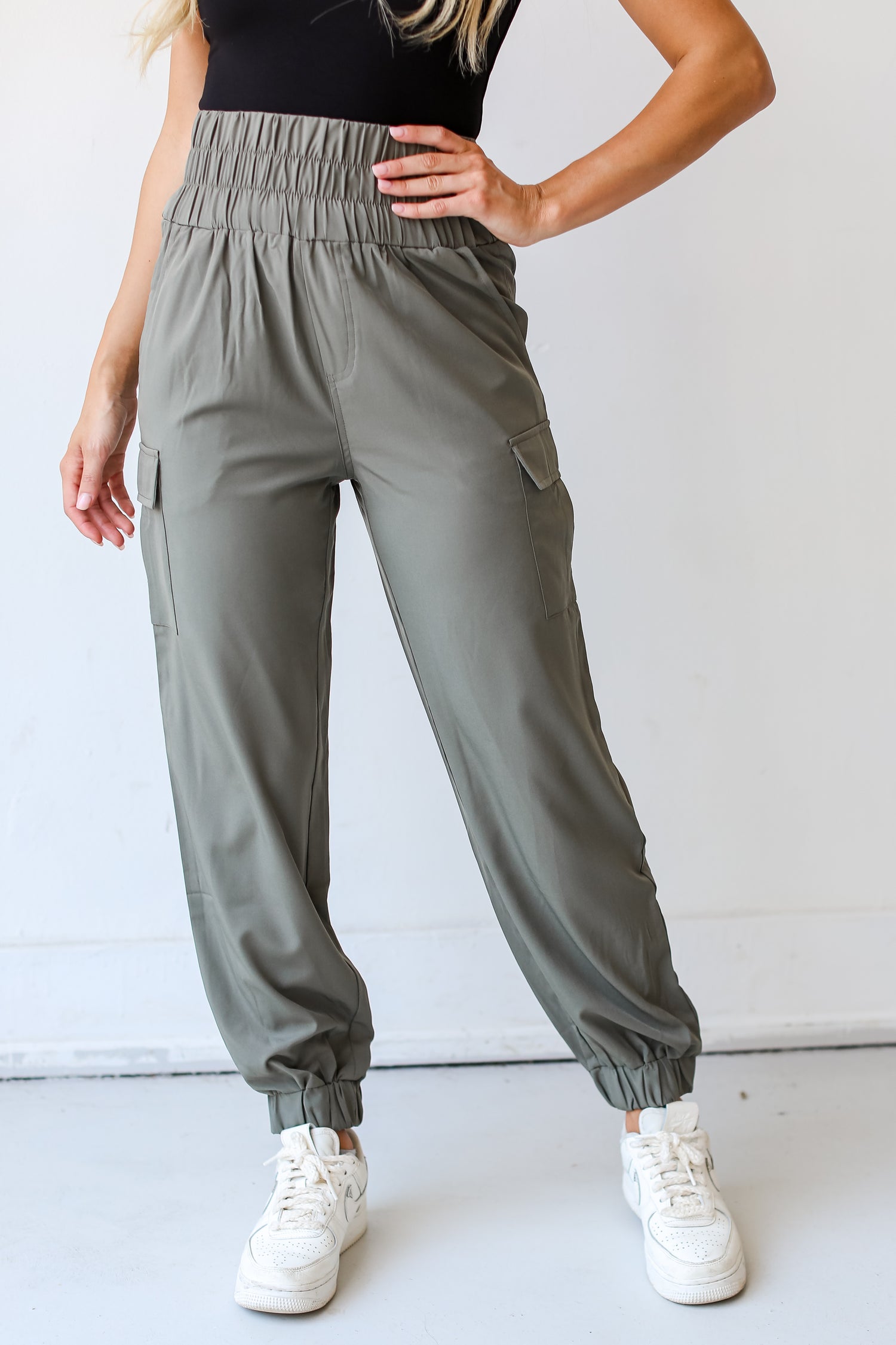 olive Cargo Joggers close up