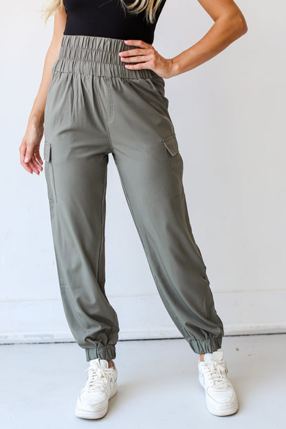 olive Cargo Joggers close up