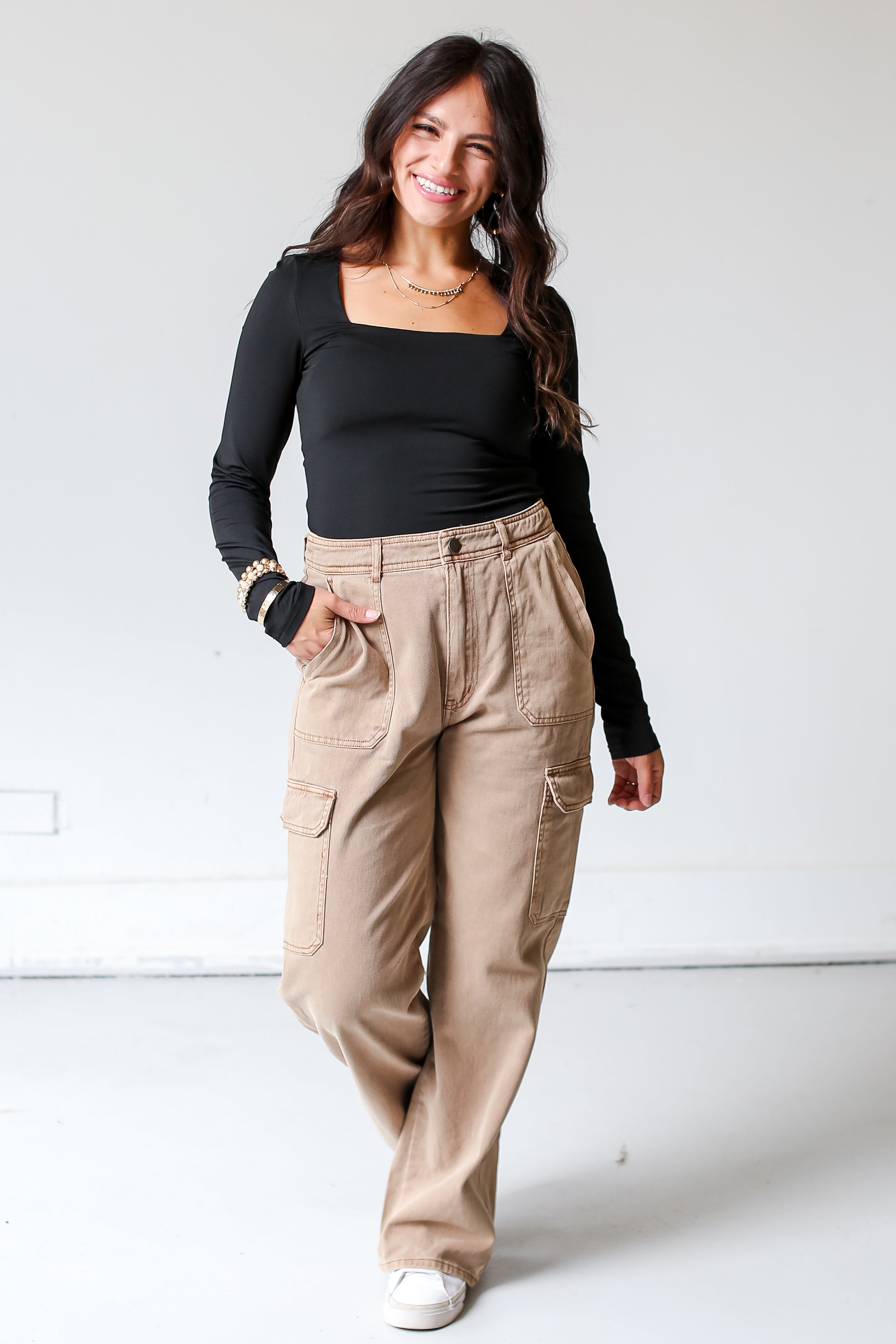 brown cargo pants on model