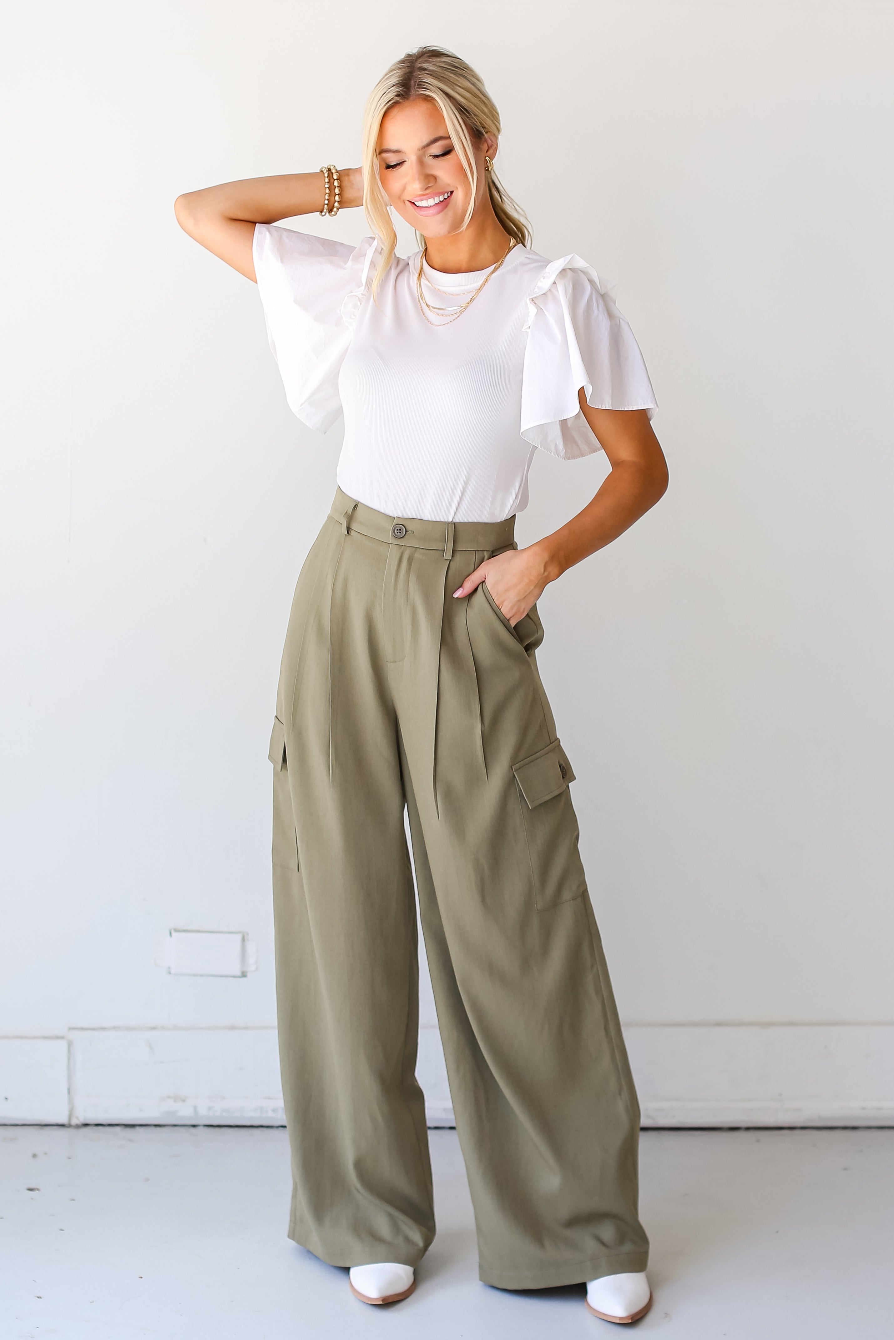 olive Cargo Trouser Pants on model