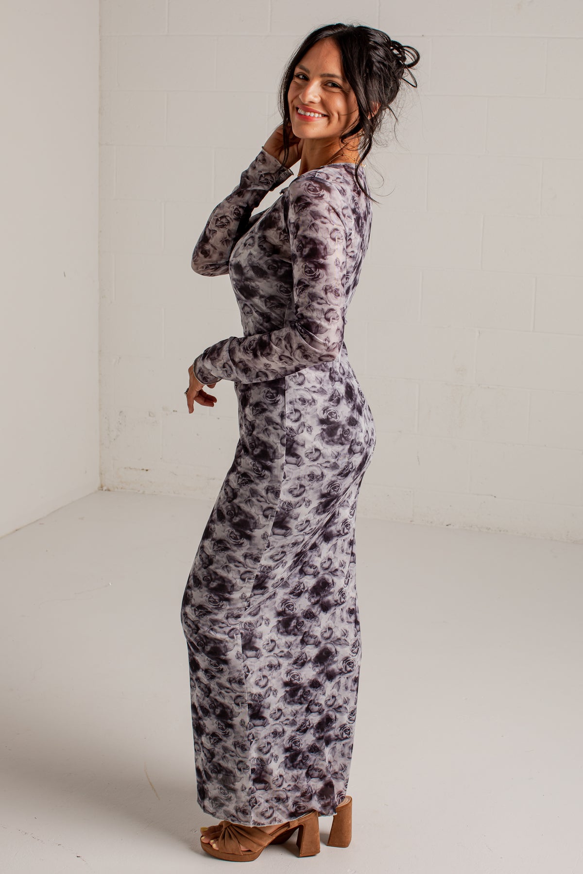 Lost In The Roses Mesh Floral Charcoal Midi Dress