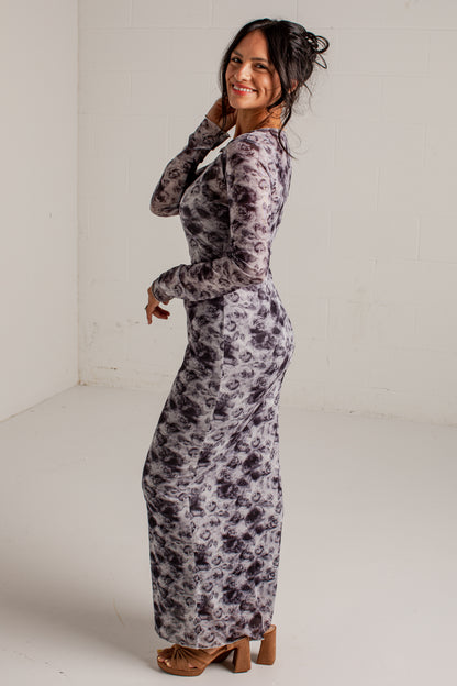 Lost In The Roses Mesh Floral Charcoal Midi Dress