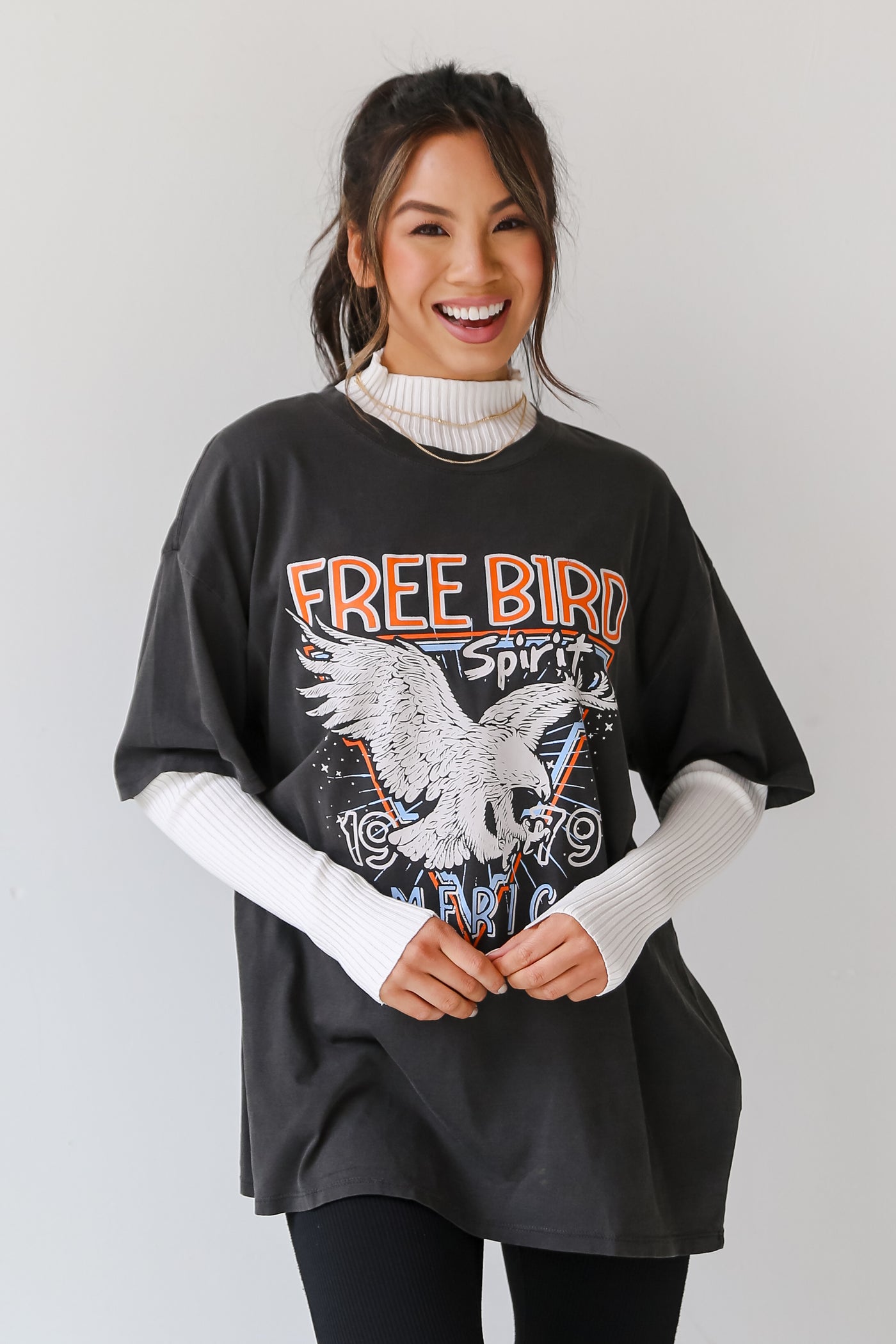 Charcoal Free Bird Spirit Oversized Graphic Tee front view