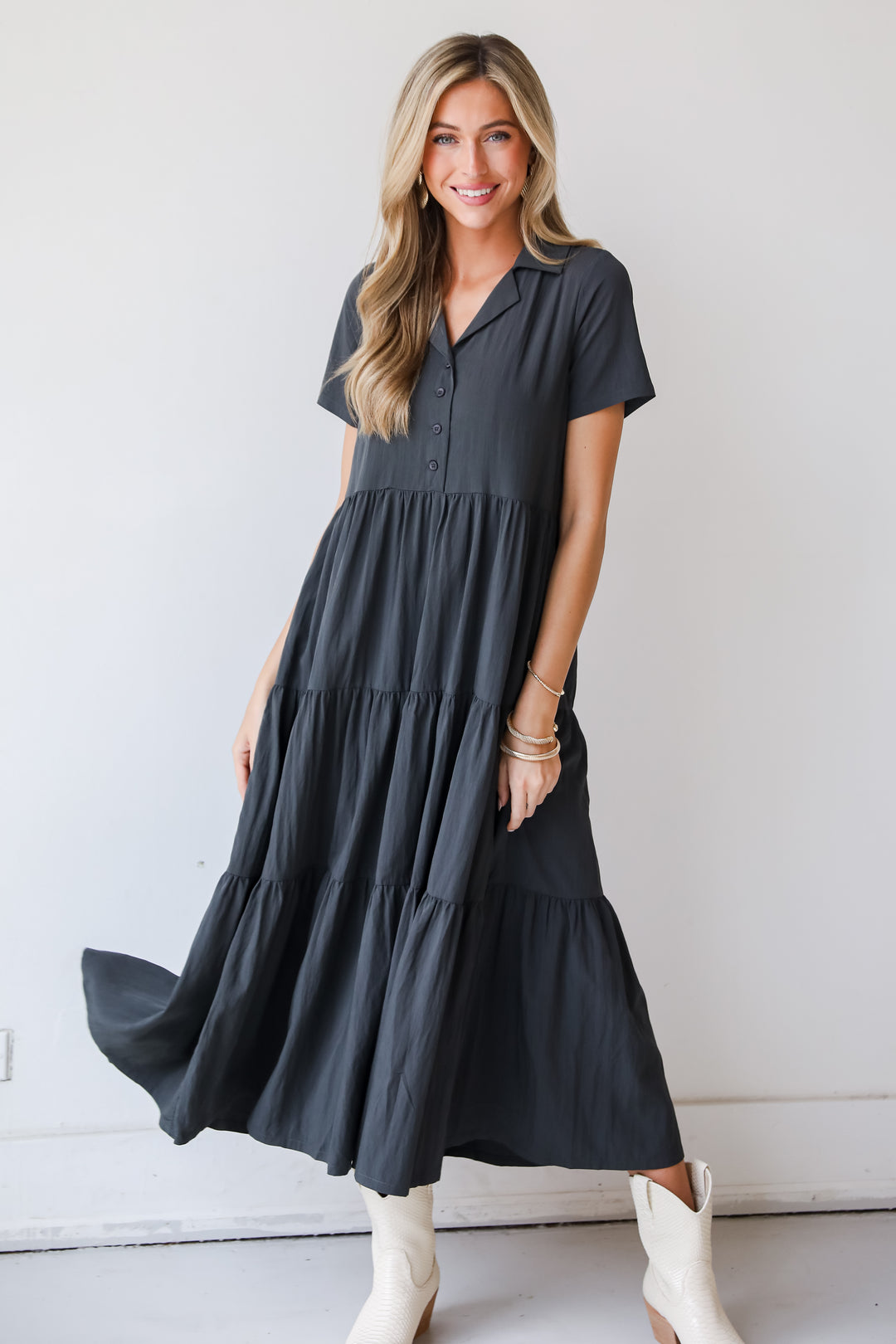 Stellar Sweetie Charcoal Tiered Maxi Dress